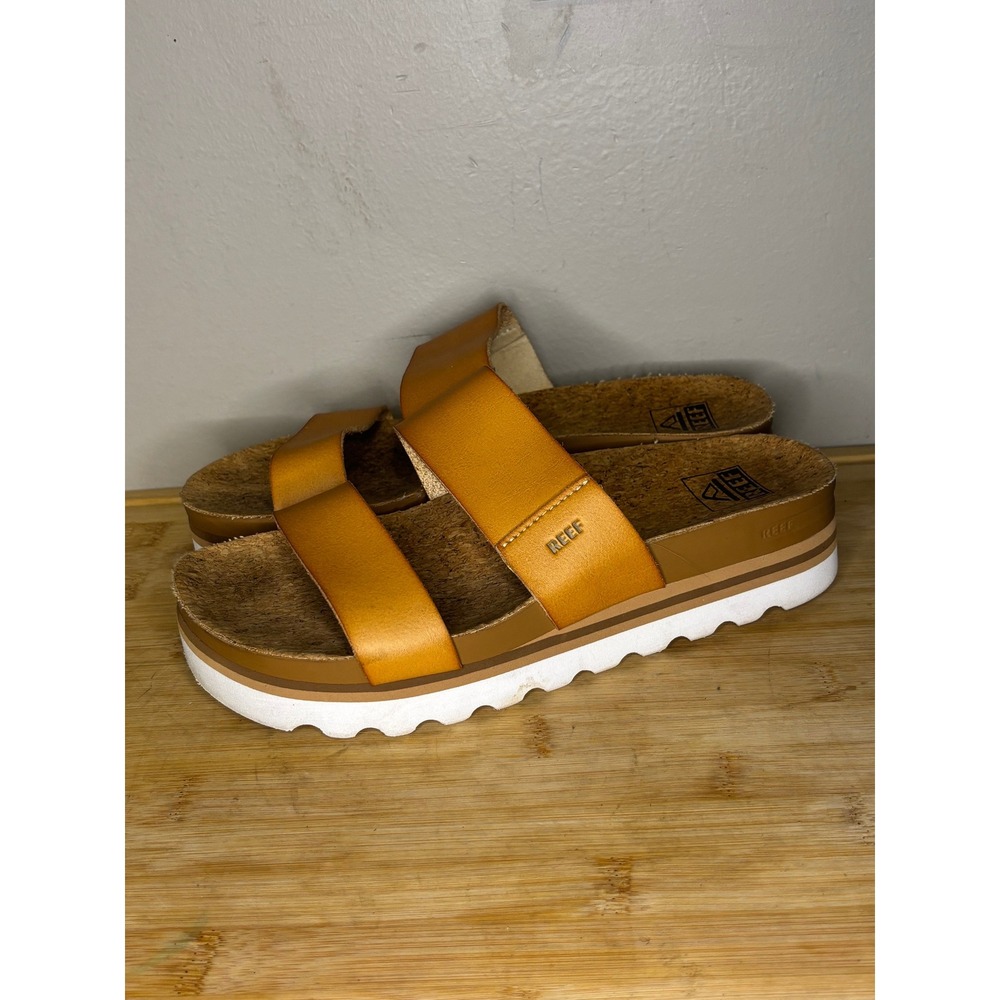 Reef Cushion Vista Hi Tan Platform Sandals Womens 7 Cork Footbed Slides